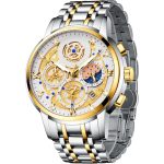 Luxury Men's Moon Phase Watch Multifunction Chronograph Quartz Wristwatch with Luminous Dial Waterproof Stainless Steel Strap
